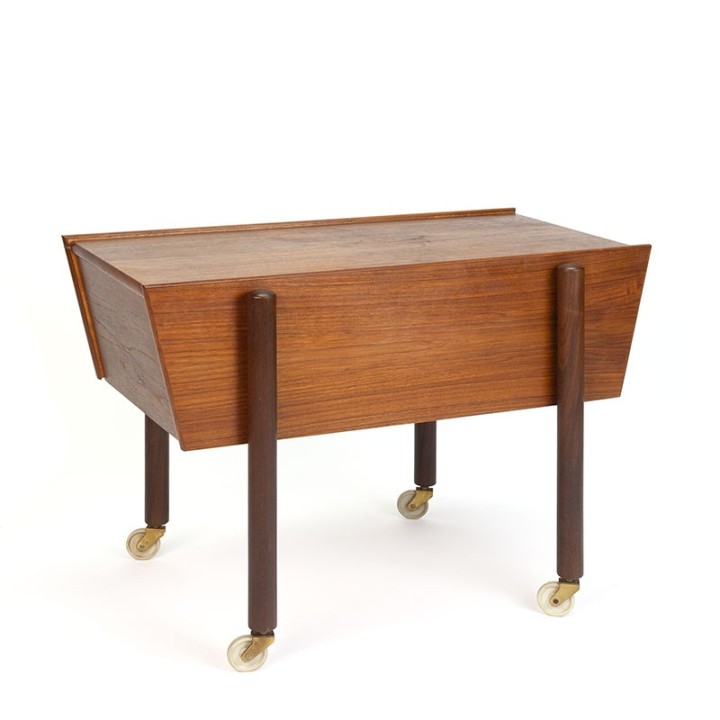 Teak vintage Danish sewing kit on wheels