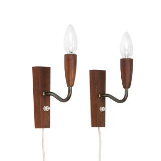Vintage set van 2 Deense teakhouten wandlampen