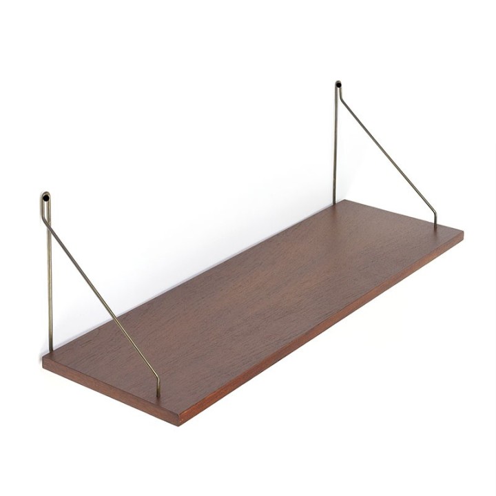 Vintage teakhouten boekenplank met messing beugels