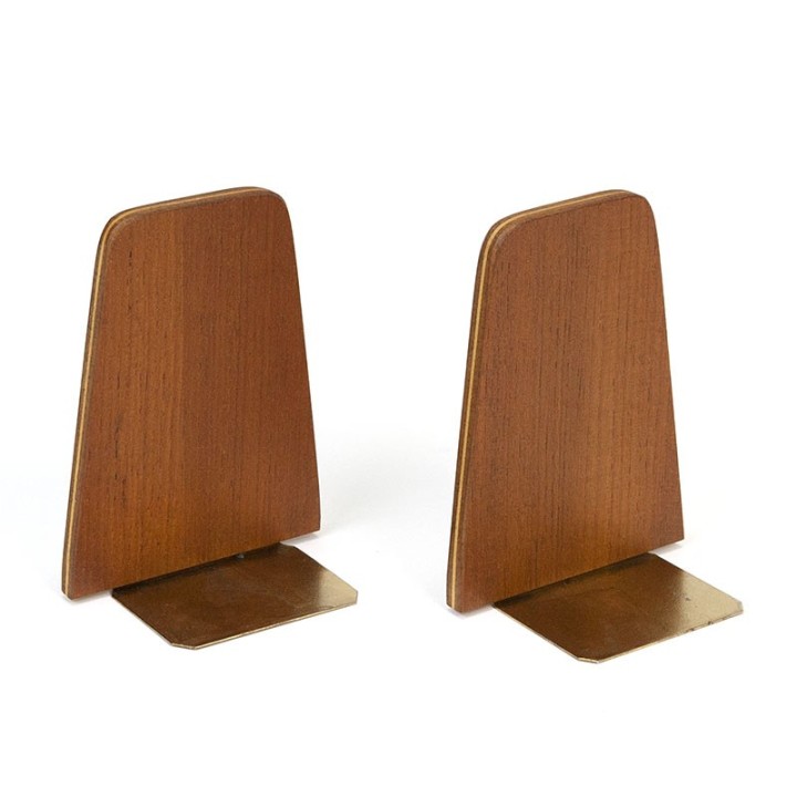 Deense set van 2 vintage teakhouten/ messing boekensteunen