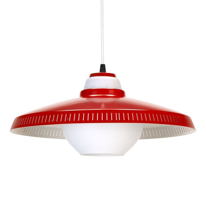 Vintage glazen hanglamp met rood metalen details