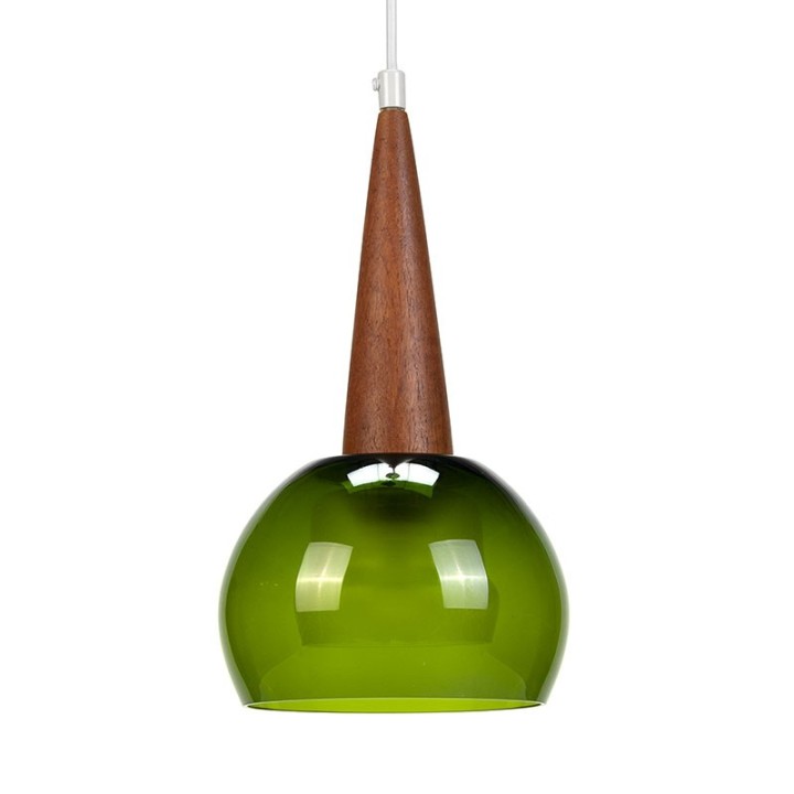 Green glass vintage hanging lamp with teak detail