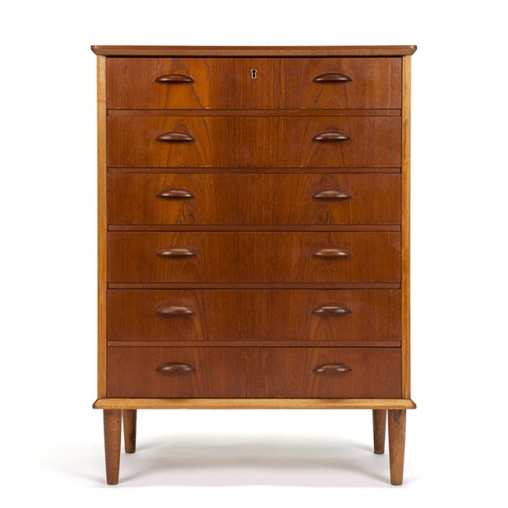 Teakhouten Deense vintage ladekast met halve maan greepjes