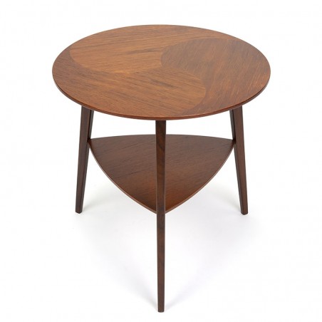 Round vintage Danish side table with teak inlaid top