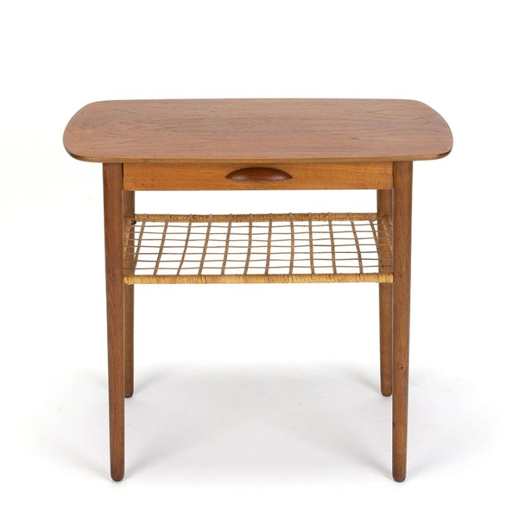Danish vintage side table with drawer in teak, oak and cane