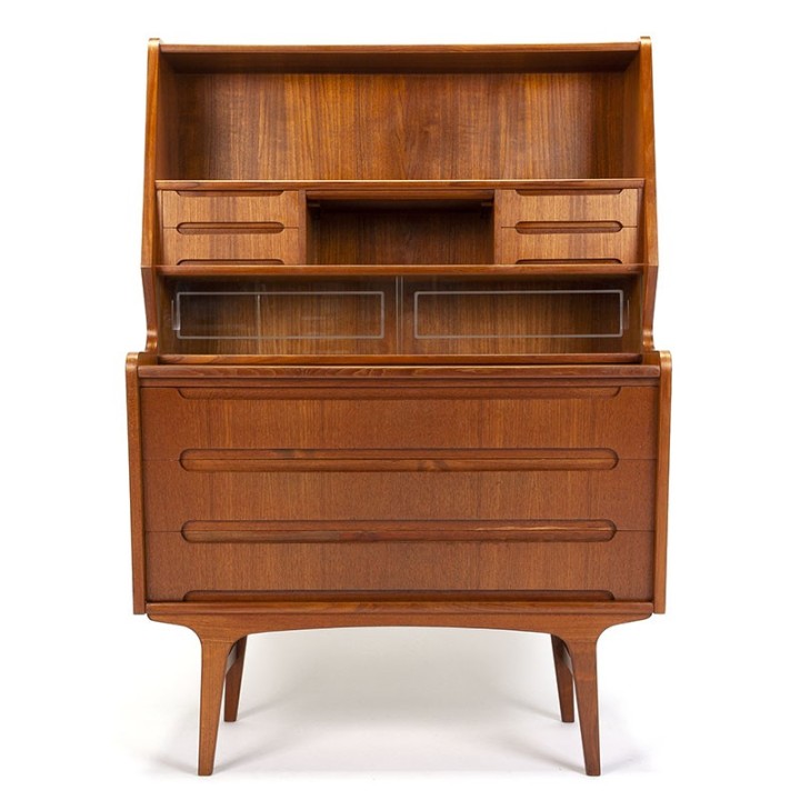 Deens vintage secretaire meubel met glazen schuifdeurtjes