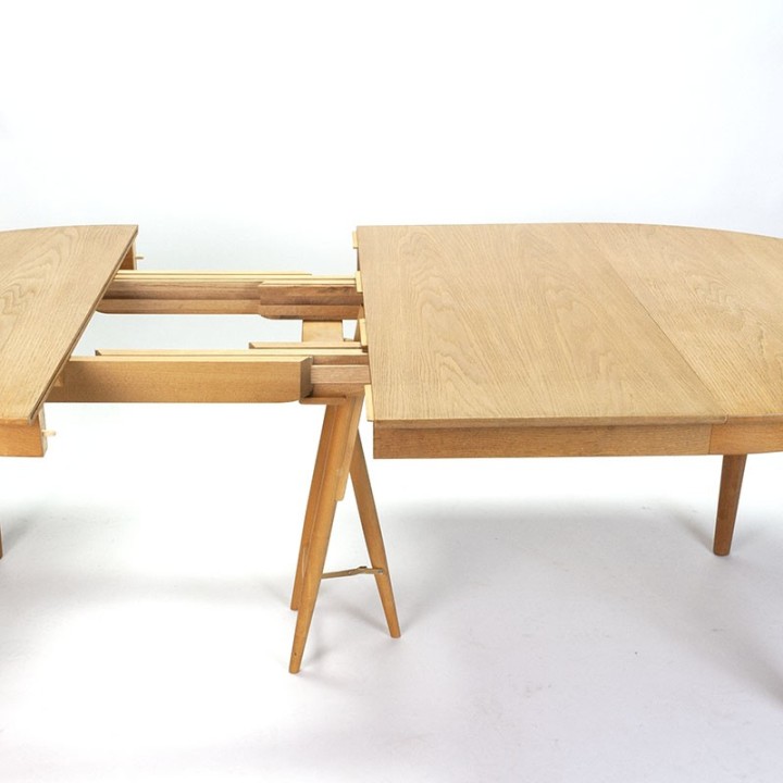 Deense vintage eiken ronde uitschuifbare eettafel met 3