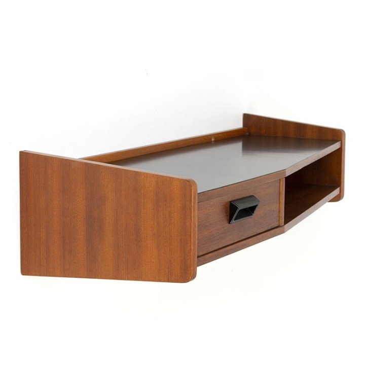 Deense vintage wandkastje met kleine lade en zwarte bovenzijde