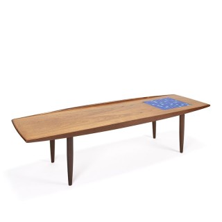 Danish vintage coffee table with surface with blue mosaic tiles
