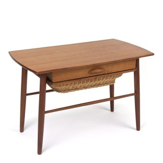 Vintage Danish side table with drawer and wicker basket