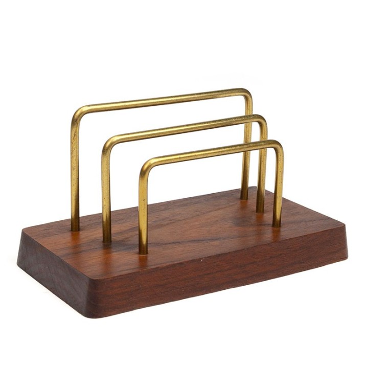 Teak vintage letter holder with brass brackets