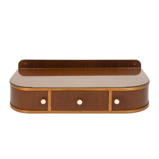 Teakhouten vintage hangend kastje met glazen blad