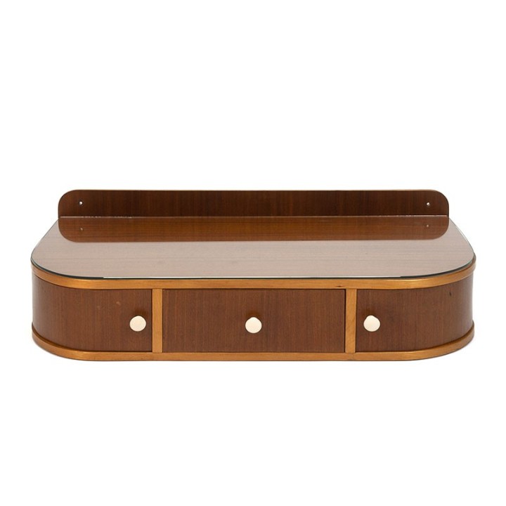 Teakhouten vintage hangend kastje met glazen blad