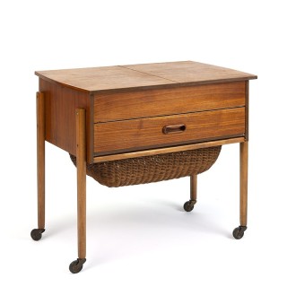 Teak Danish vintage sewing kit table on wheels