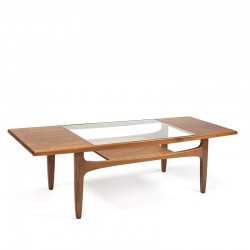Vintage elongated teak coffee table with glass centerpiece