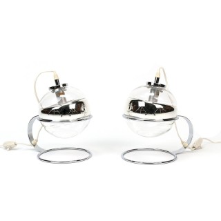 Set of vintage globe table lamps in chrome and glass