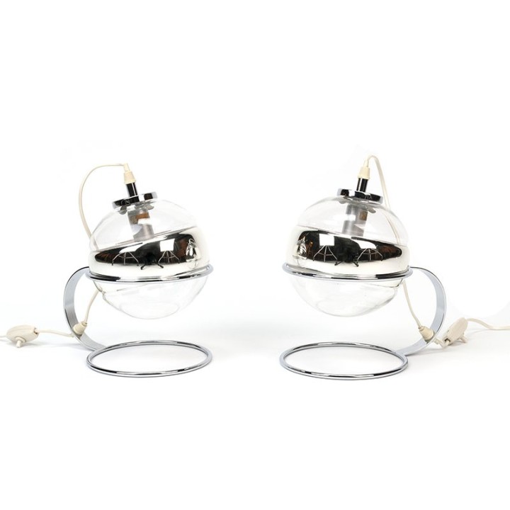 Set of vintage globe table lamps in chrome and glass