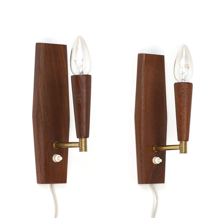 Deense set van 2 teakhouten vintage wandlampen