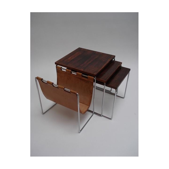 Set van 3 bijzettafels met leren lectuurvak - Retro Studio