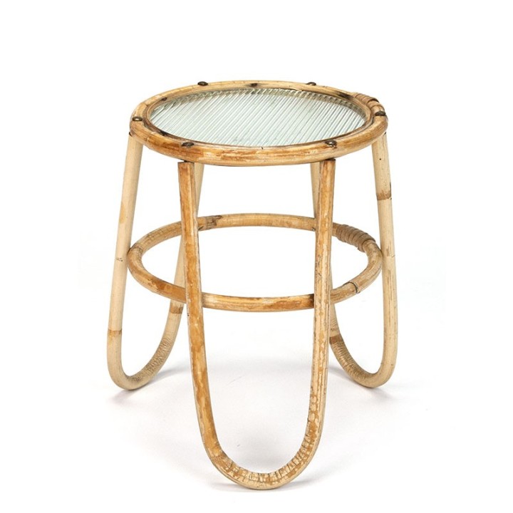 Vintage rattan plant table with glass top