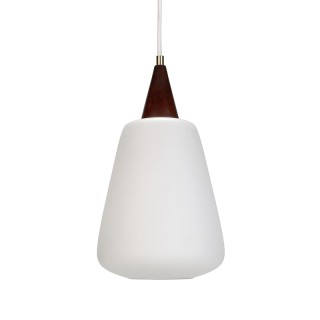 Danish opaline glass vintage hanging lamp with teak detail