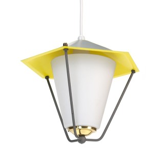 Jaren vijftig vintage hanglamp met grijs/ geel metaal