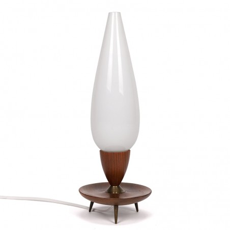 Teak vintage table lamp with milk glass