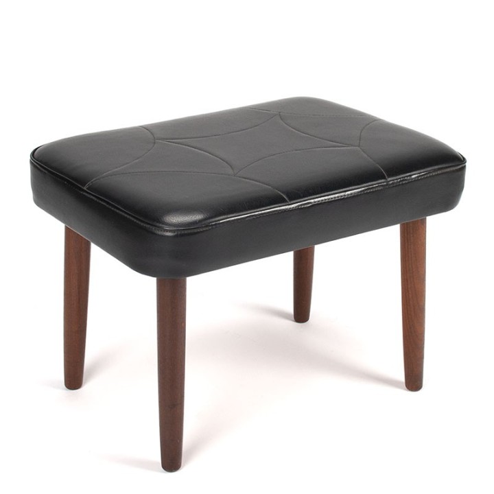 Zwarte Deense vintage ottoman met teakhouten poten