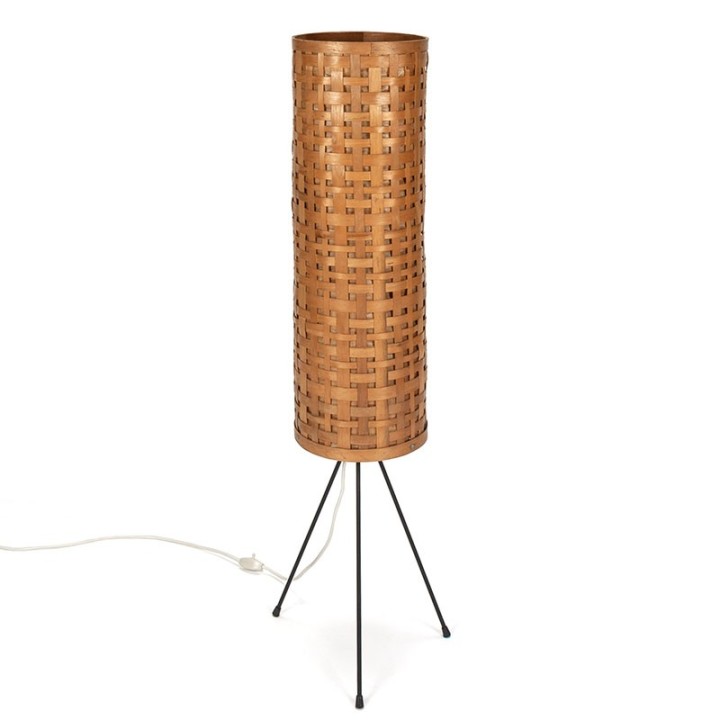 Vintage vloerlamp gevlochten houten kap