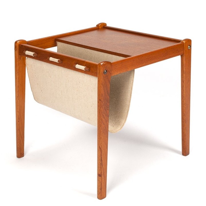 Teak Danish vintage side table with jute magazine rack