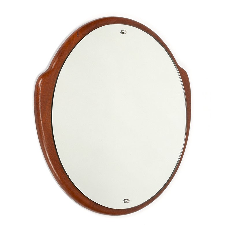 Round vintage mirror in teak with organic design