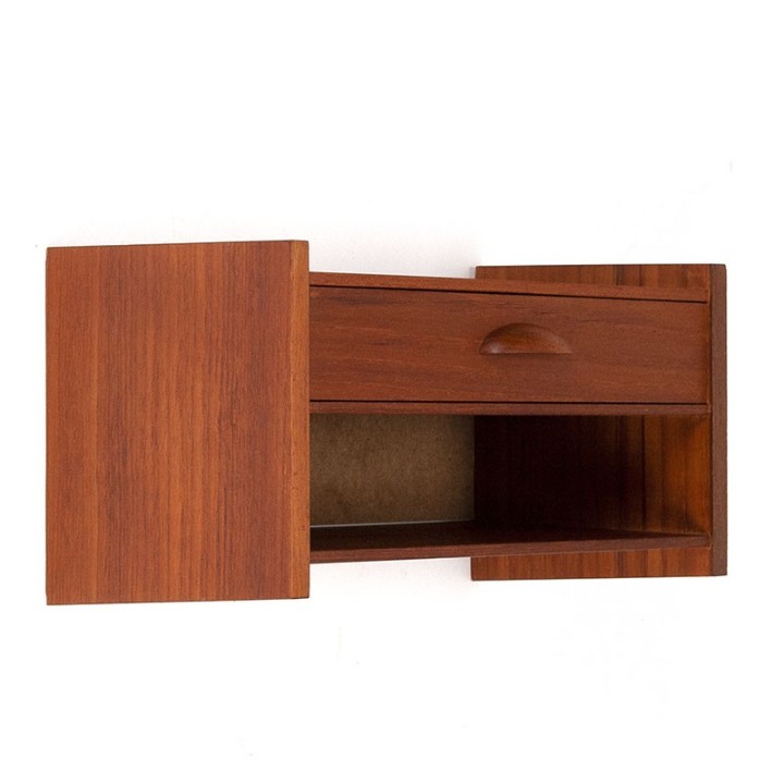 Klein model vintage teak wandkastje met lade