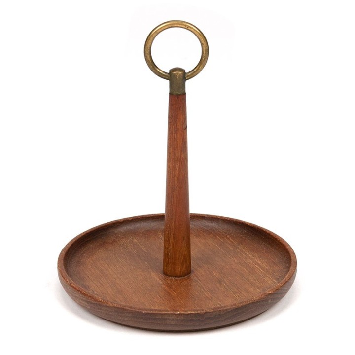 Danish vintage teak bonbon dish with brass detail