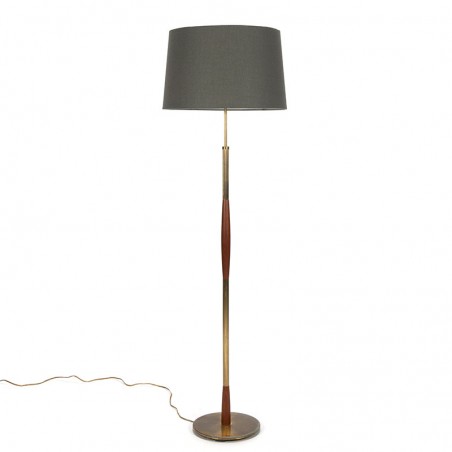 Deense luxe vintage vloerlamp met voet in messing en teakhout