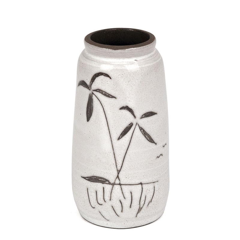 Earthenware vintage small vase with palm trees