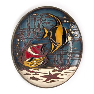 Large vintage earthenware wall plate with fish