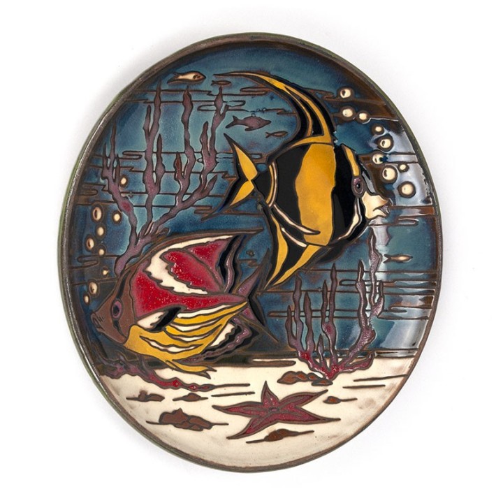 Large vintage earthenware wall plate with fish