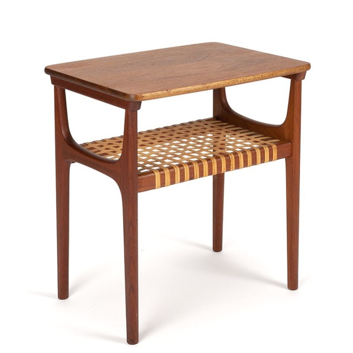Small Danish vintage side table in teak and cane