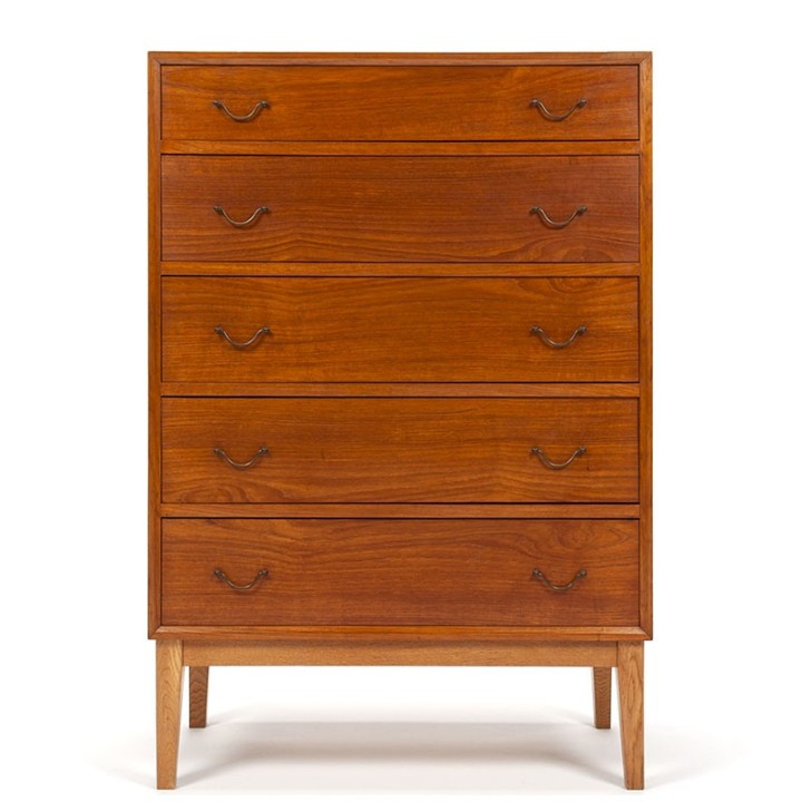 Large model Danish teak vintage chest of drawers with brass