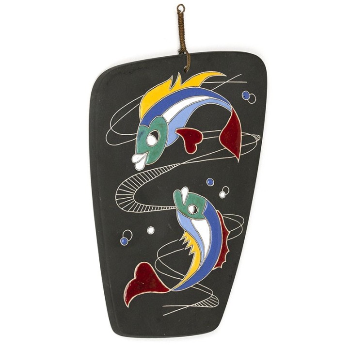 Vintage handmade ceramic wall tile with colored fish
