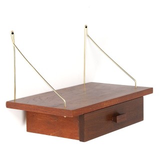 Deens teakhouten vintage wandplankje met lade