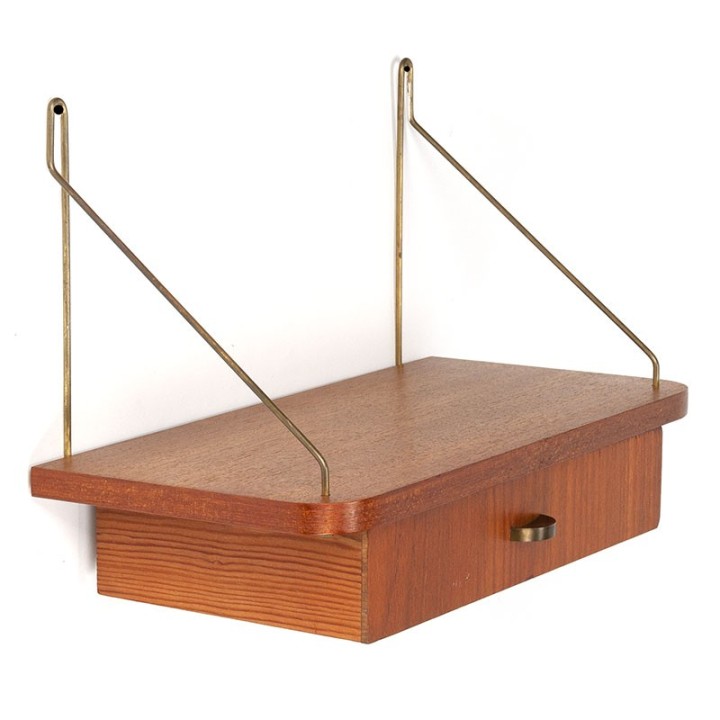 Teakhouten Deens vintage klein wandplankje met lade