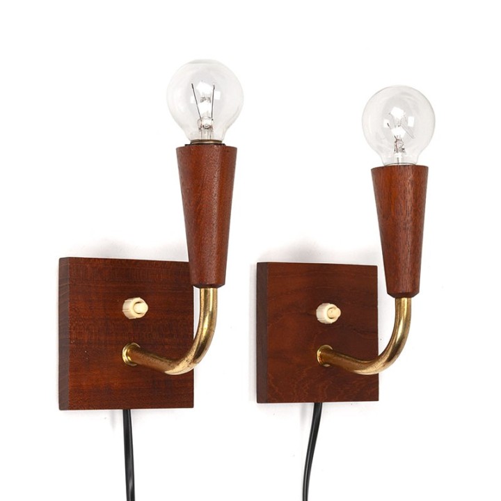 Deense teakhouten set van 2 vintage wandlampjes