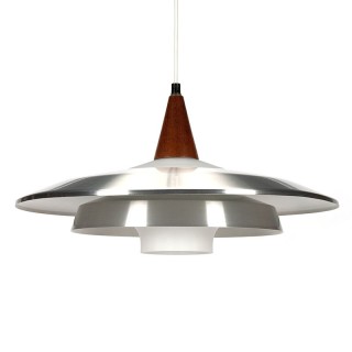 Vintage Danish hanging lamp with opaline glass, teak and