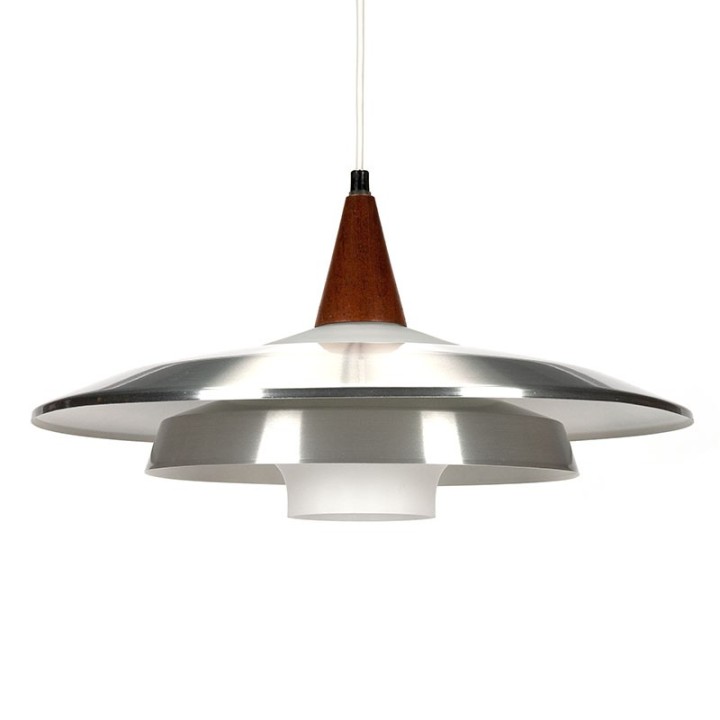 Vintage Danish hanging lamp with opaline glass, teak and