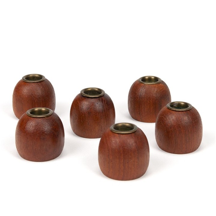 Set of 6 Danish vintage miniature candlesticks in teak