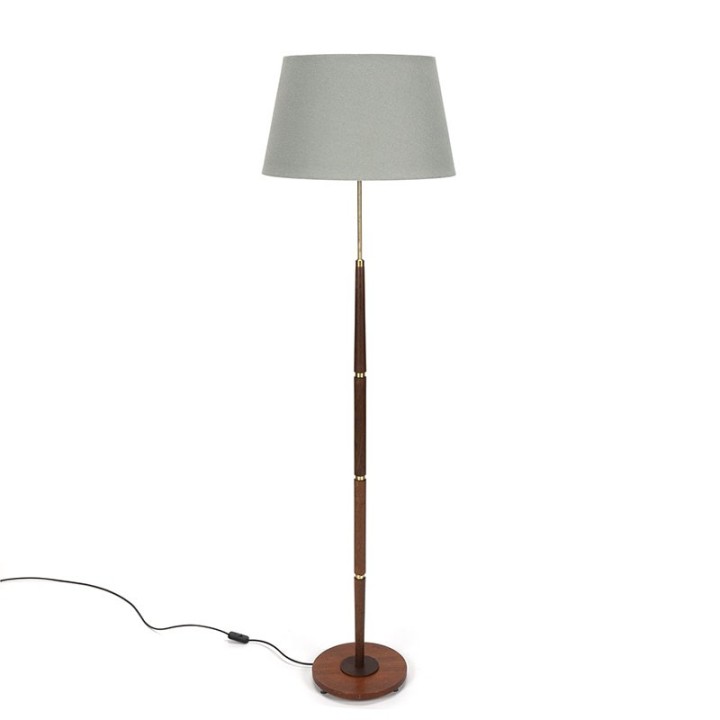 Deense vintage vloerlamp met voet in teak en messing