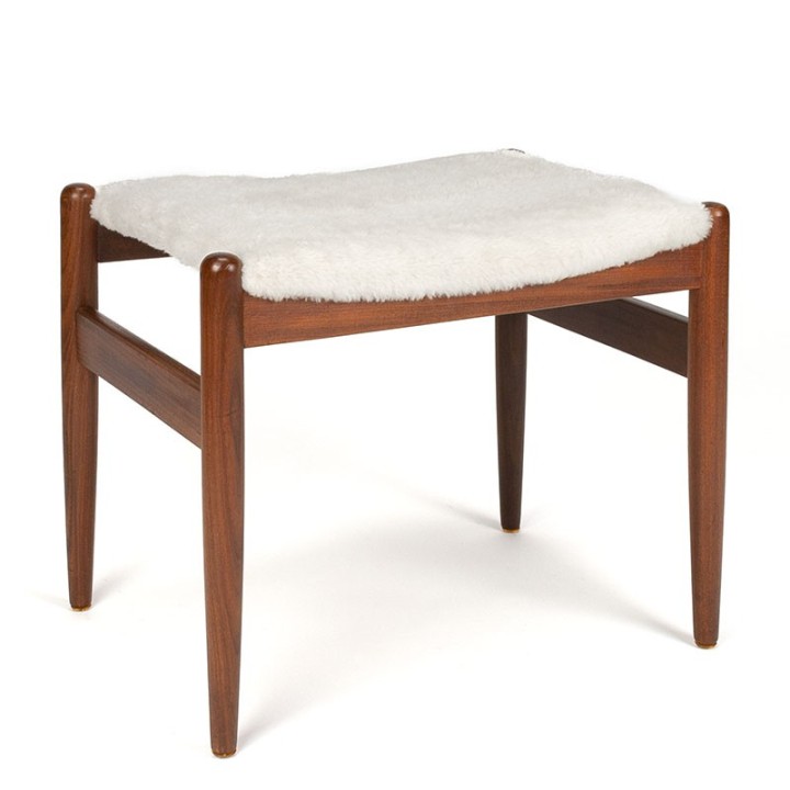 Danish teak vintage pouf with white plush upholstery