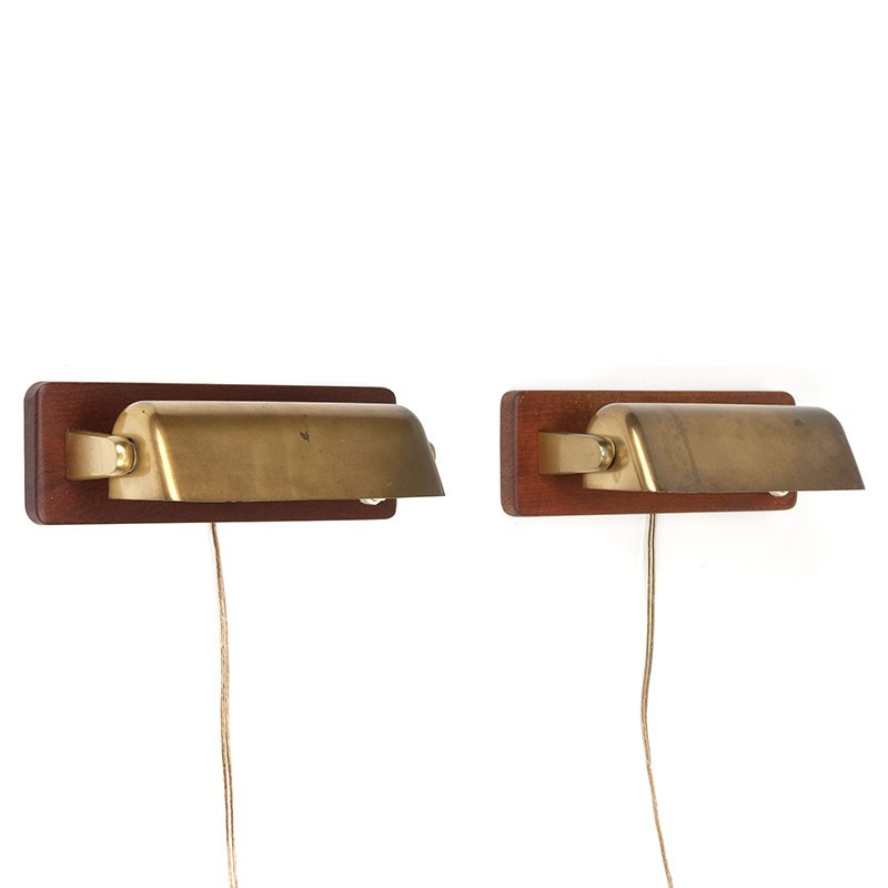 Set of 2 wall lamps in brass and teak