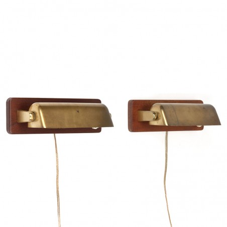 Set of 2 wall lamps in brass and teak